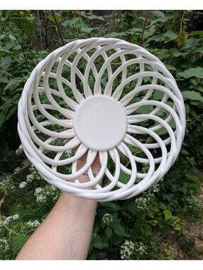 Vintage Open Lattice Fruit Display, 10.5" Diameter, White Cast Ceramic Basket